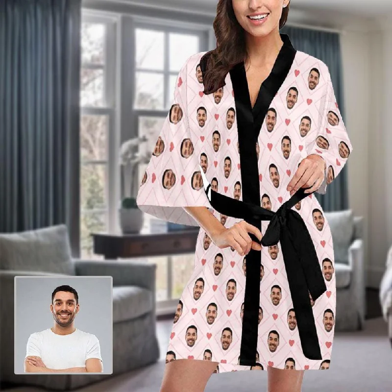 Custom Boyfriend Face Rhombus Women's Short Sleepwear Personalized Photo Pajamas Kimono Robe Lightweight pajama sets