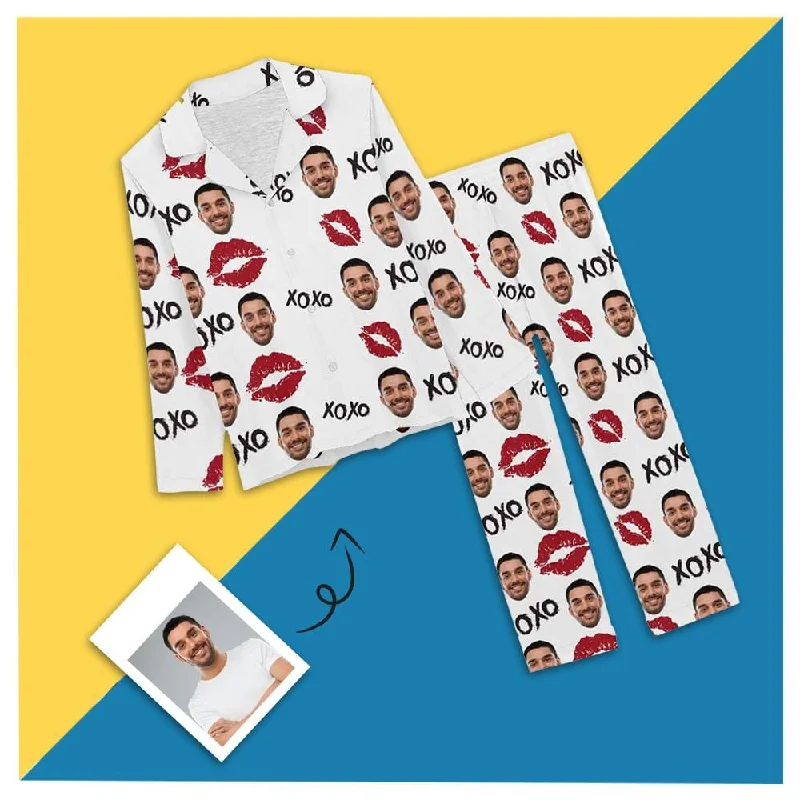 Custom Boyfriend Face XOXO Red Lips Nightwear Personalized Women's Slumber Party Long Pajama Set High-end pajama sets