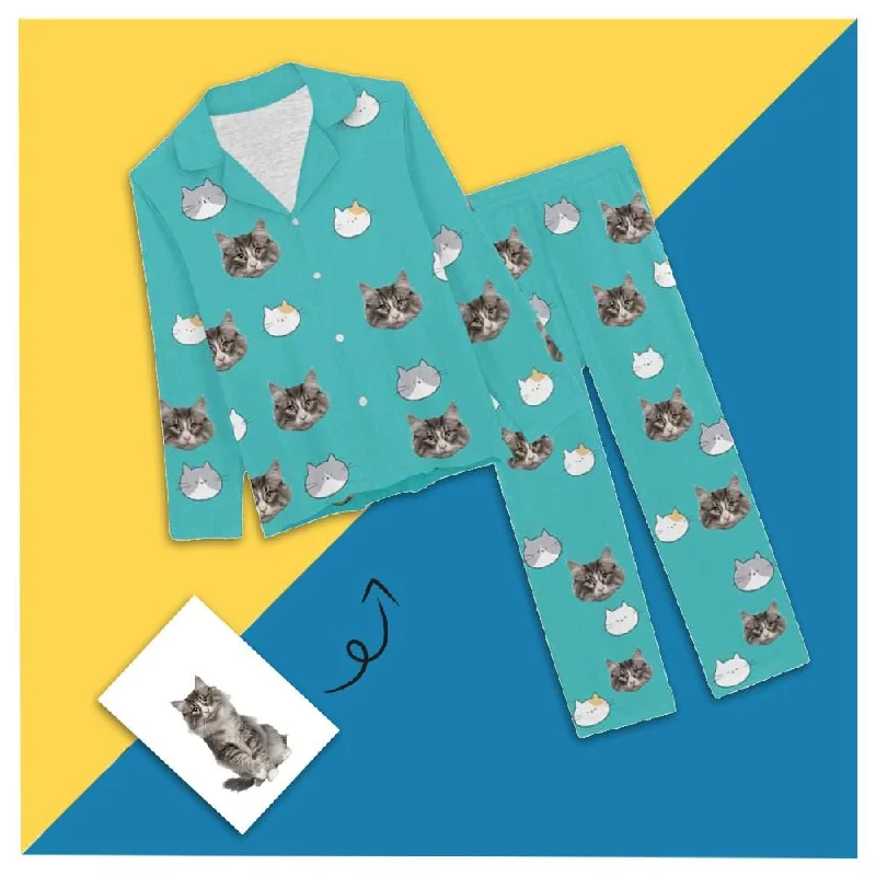 Custom Face Cartoon Pet Cat Sleepwear Personalized Women's Slumber Party Long Pajama Set Plus size pajama sets