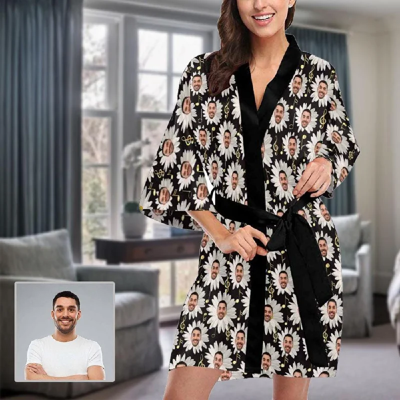 Custom Husband Face Chrysanthemum Women's Summer Short Pajamas Funny Personalized Photo Pajamas Kimono Robe Polyester pajama sets