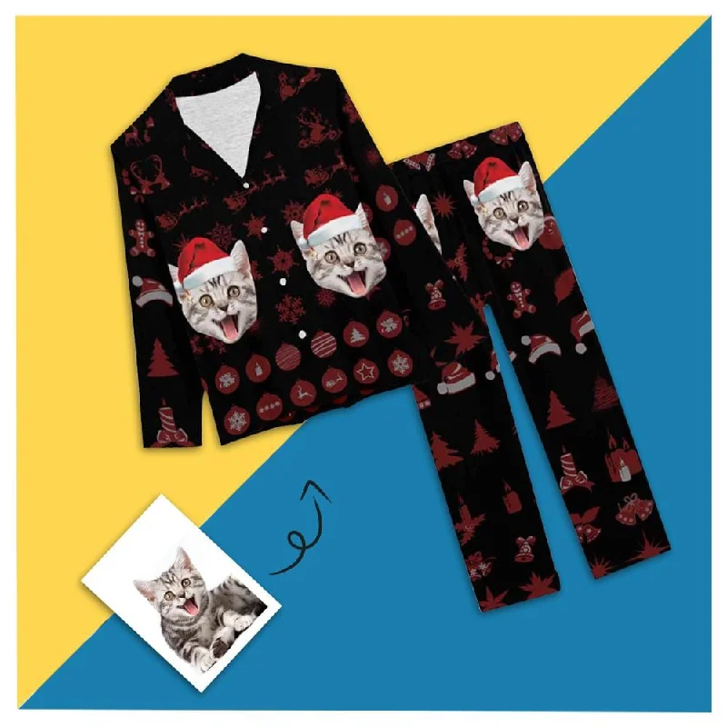 Custom Pet Cat Face Pajamas Christmas Hat Printing Sleepwear Personalized Women's Slumber Party Long Pajama Set Funny graphic pajama sets