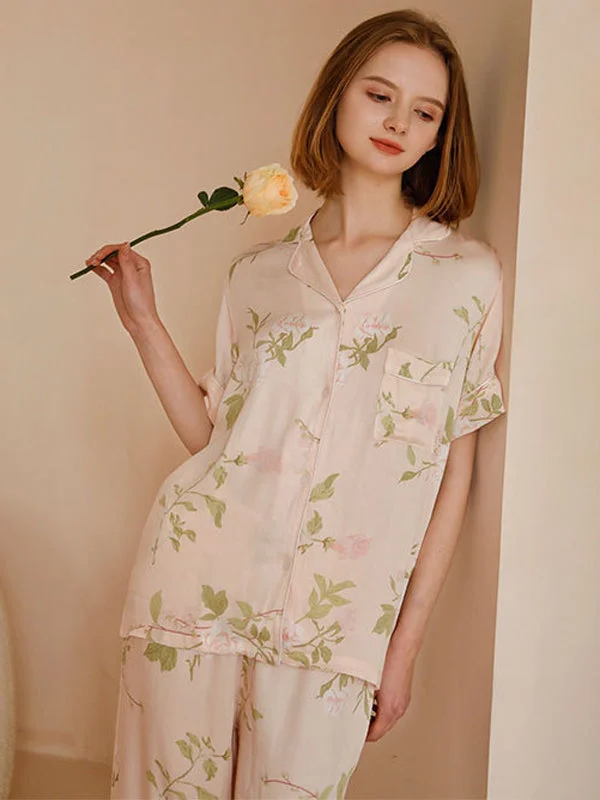 Flower Print Cotton Short Sleeve Pajamas Chic pajama sets