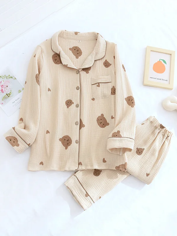 Long Sleeve Heart & Bear Print Pajama Set Cartoon pajama sets