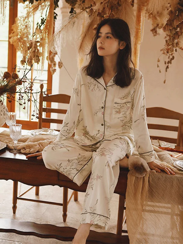 Flower Print Lapel Long Sleeve Pajama Set Travel pajama sets