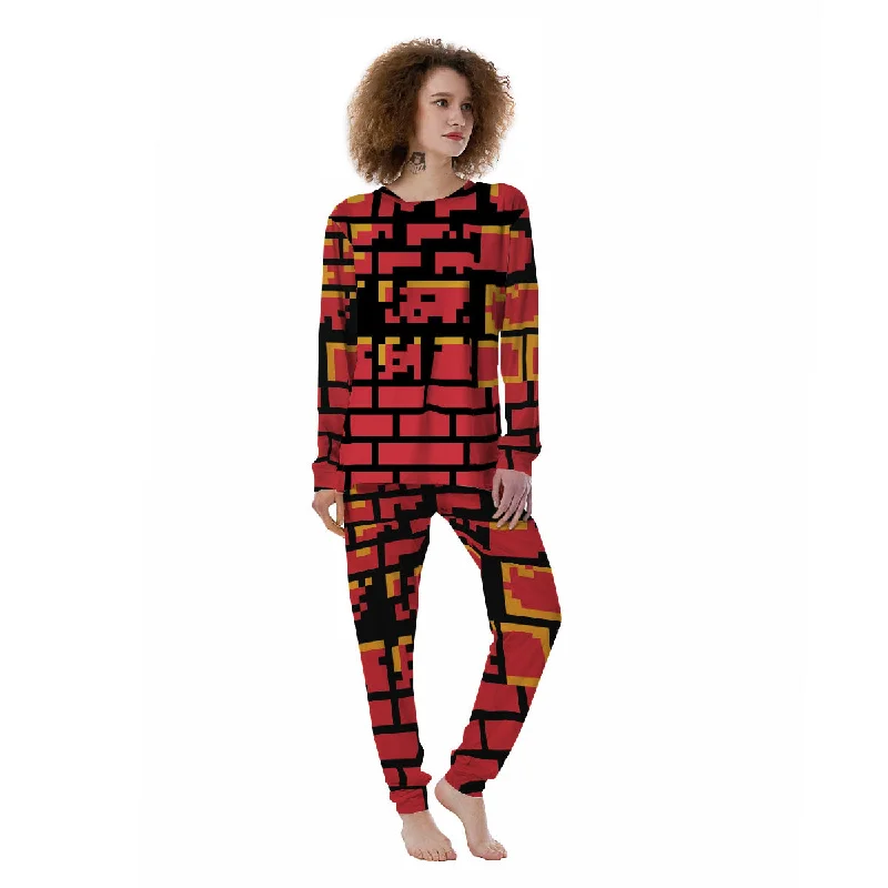 Wall Orange 8-Bit Pixel Print Women's Pajamas Breathable cotton pajama sets