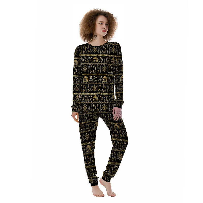 Warli Gold And Black Print Pattern Women's Pajamas Best pajama sets for teens