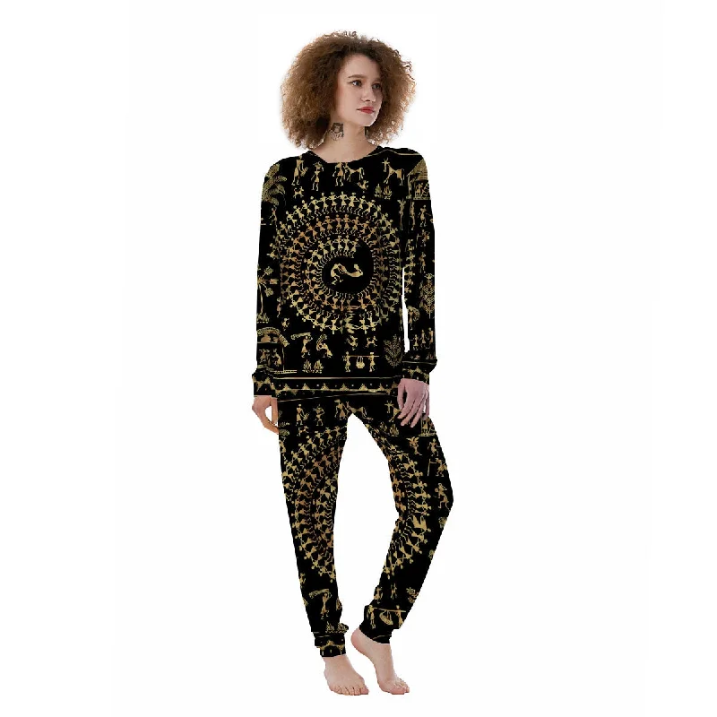 Warli Tribal Gold And Black Print Women's Pajamas Best-value pajama sets