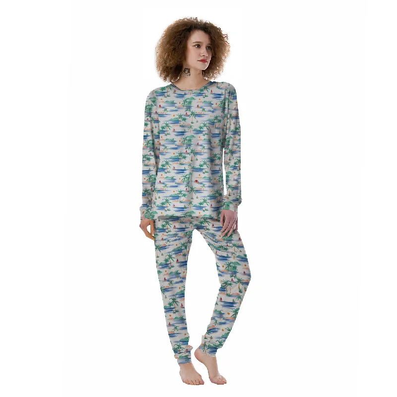 Watercolor Summer Island Palm Tree Print Pattern Women's Pajamas Sexy pajama sets