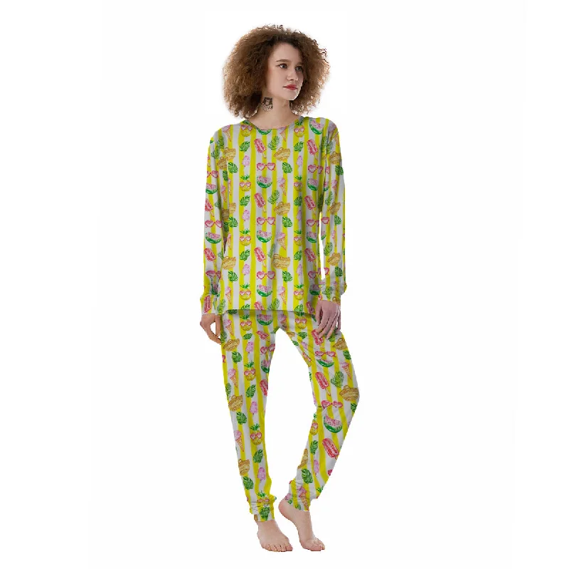 Watercolor Summer Yellow Stripe Print Pattern Women's Pajamas Polyester pajama sets