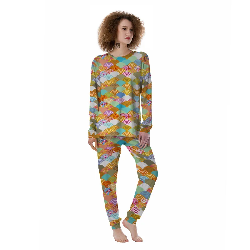 Wave Japanese Flower Colorful Print Pattern Women's Pajamas Luxury pajama sets