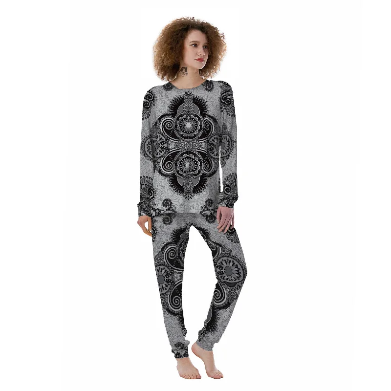 Western Floral Grey And Black Print Women's Pajamas Work-from-home pajama sets