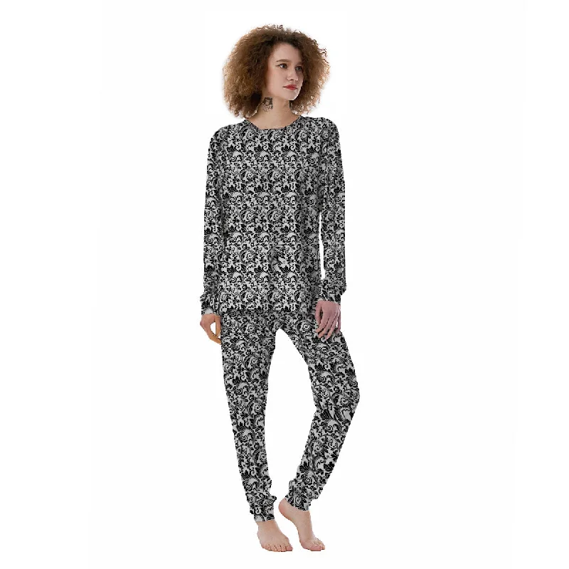 Western Flower White And Black Print Women's Pajamas Hoodie pajama sets