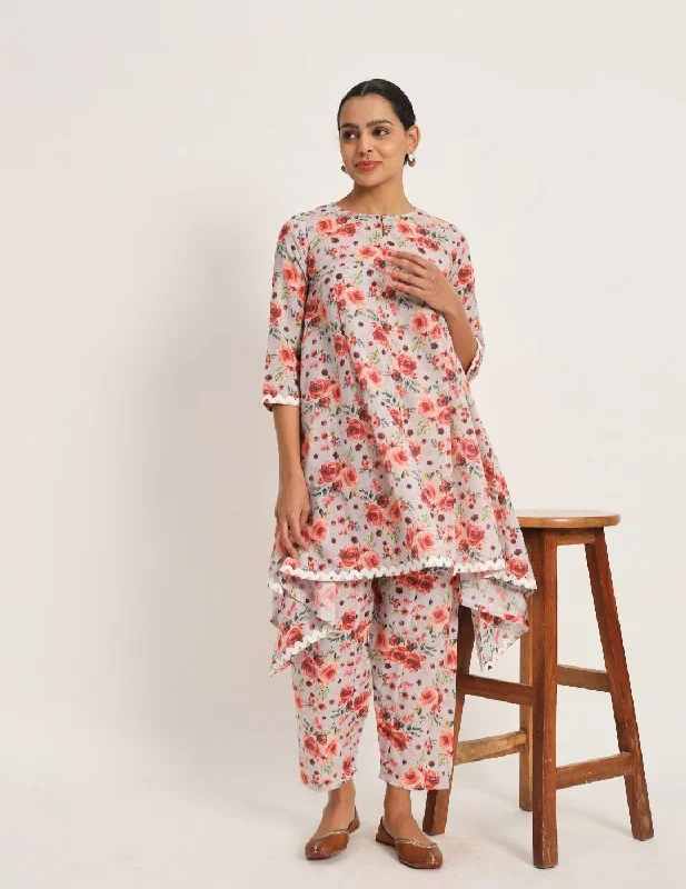 Asymmetrical Digital Print Kurta Set Elegant Lace Gown