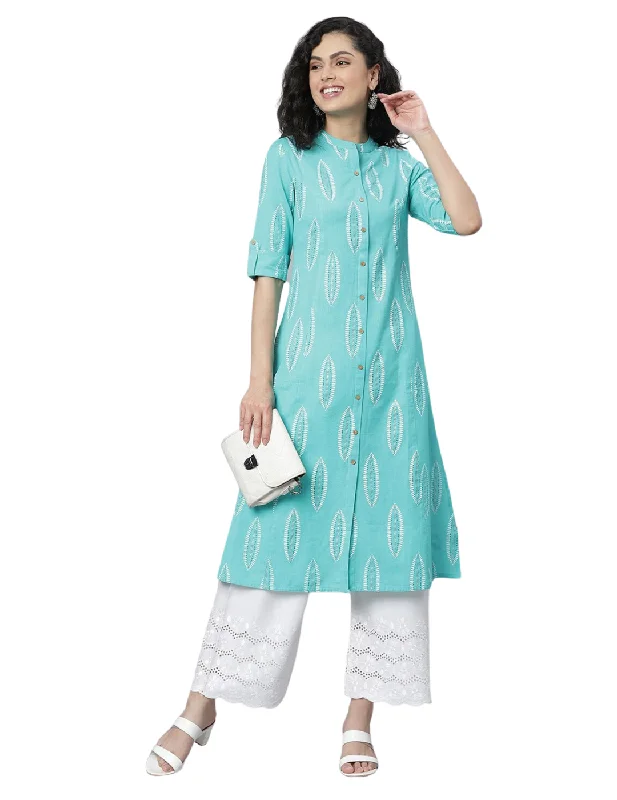 Block Print A-line Kurta Silk Satin Set