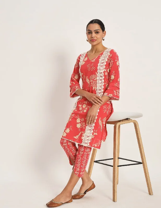 Red cotton Discharge Print Set Elegant Satin Set