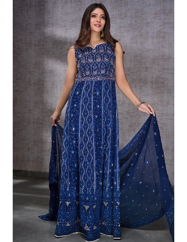 Exclusive Blue Georgette Anarkali Set Bridal Gown Set