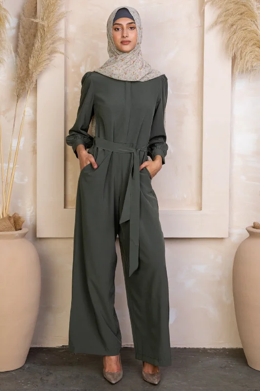 Olive Lattice Long Sleeve Jumpsuit-CLEARANCE Lace Satin Gown