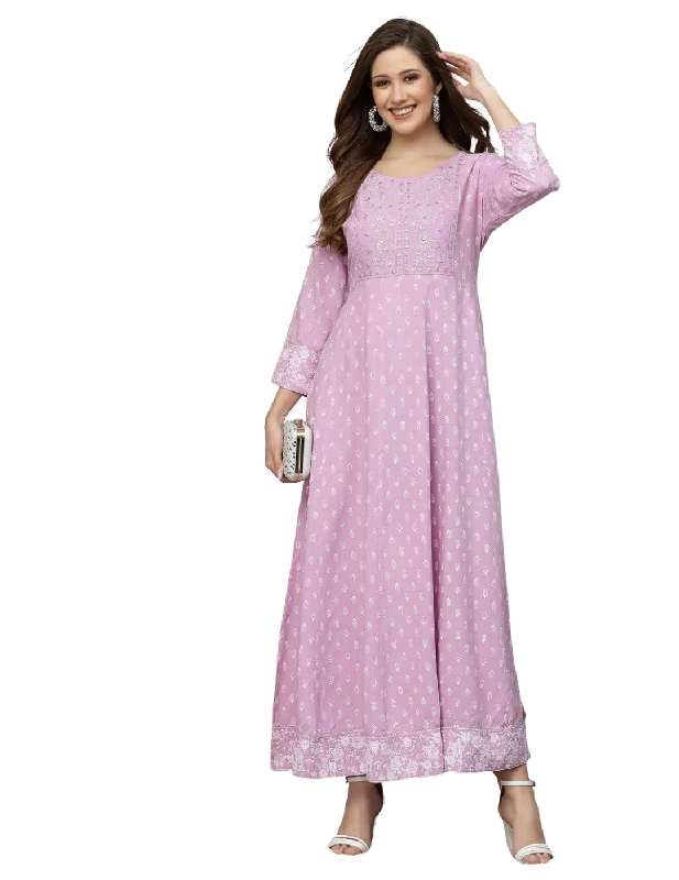 Lavender Anarkali Kurta Satin Lace Set