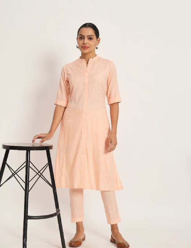 Lurex Peach Kurta Pant Set Satin Kimono Gown