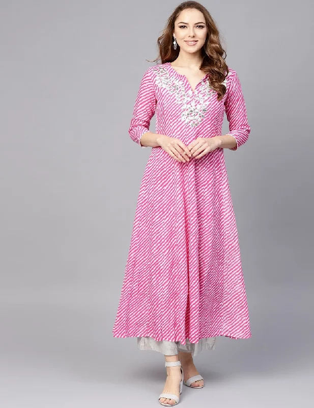 Pink Leheriya Printed Anarkali Kurti Soft Satin Robe