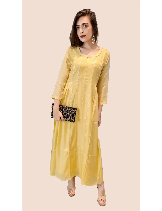 Yellow Flared Cotton Silk Anarkali Dress Cozy Cotton Gown