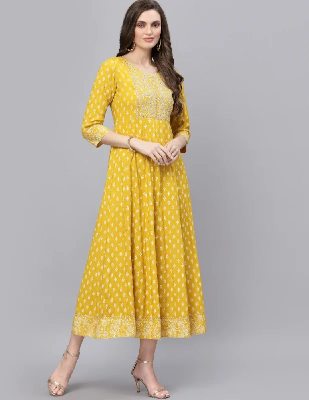 Yellow Printed & embroidery Work Rayon Anarkali Sleeveless Satin Gown