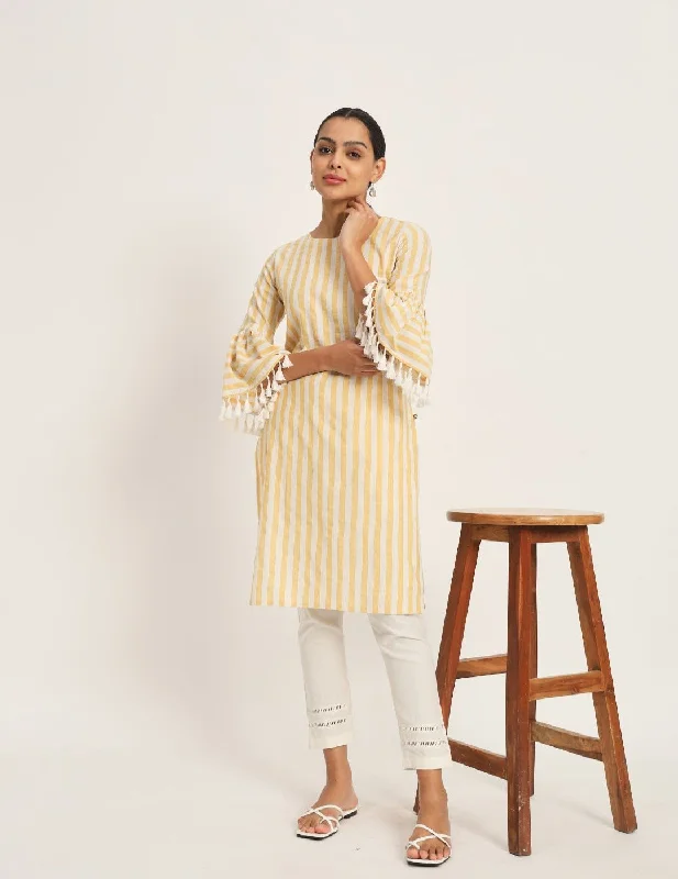 Yellow & White Stripe Kurta Set Elegant Satin Robe