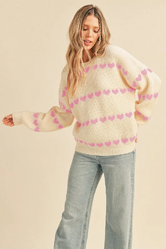 Baby Pink Heart Ribbed Knit Sweater Warmest sweaters for extreme cold