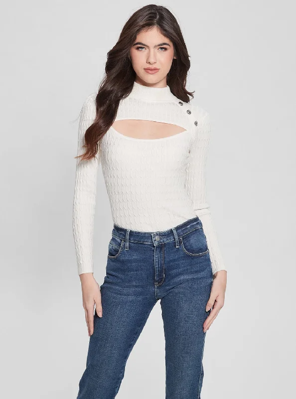 Eco White Mock Neck Nikki Knit Top Designer sweaters