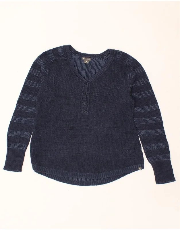 EDDIE BAUER Womens V-Neck Jumper Sweater  UK 10 Small Navy Blue Striped Minimalist sweaters