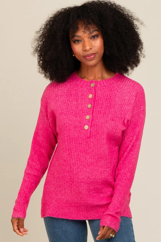 Fuchsia Buttoned Up Sweater Knit Top Streetwear sweaters