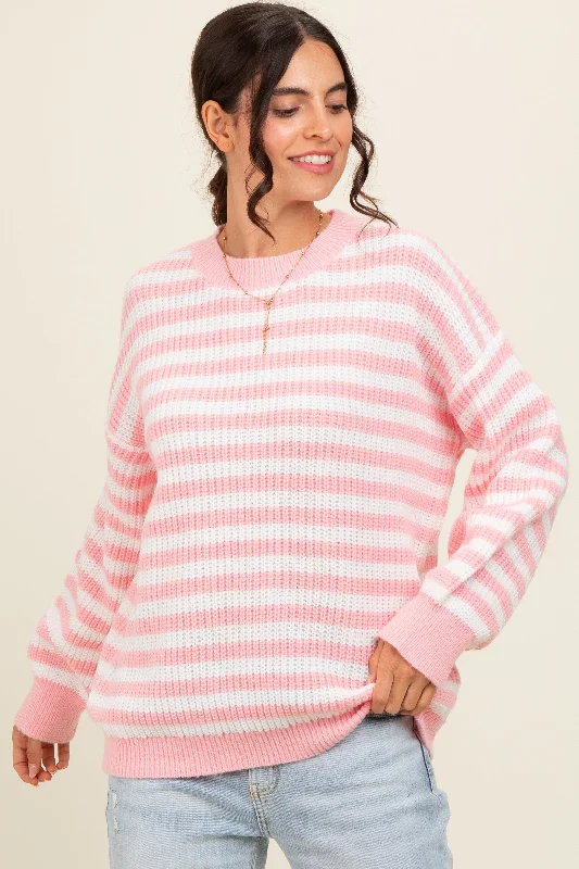 Light Pink Striped Crew Neck Sweater College sweaters