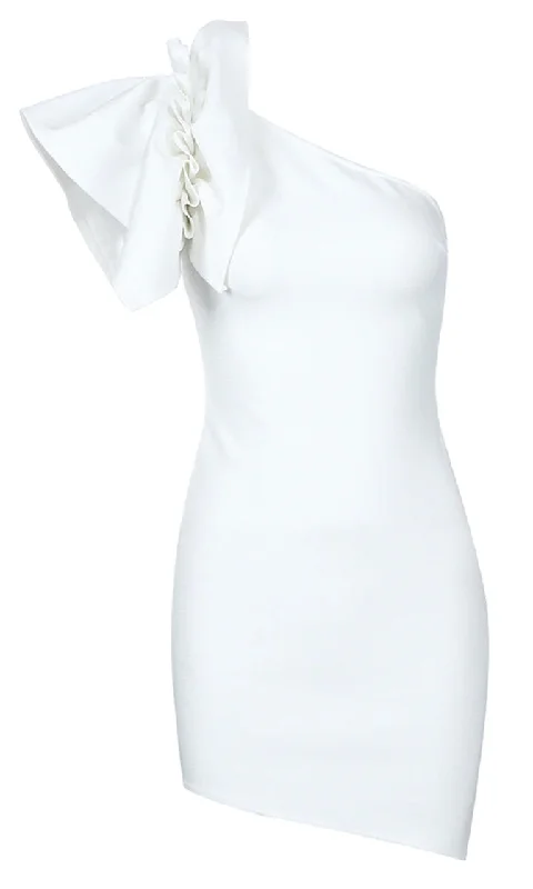 Embraceable You White One Shoulder Ruffle Cap Sleeve Asymmetric Hem Bodycon Bandage Mini Dress Satin mini dresses