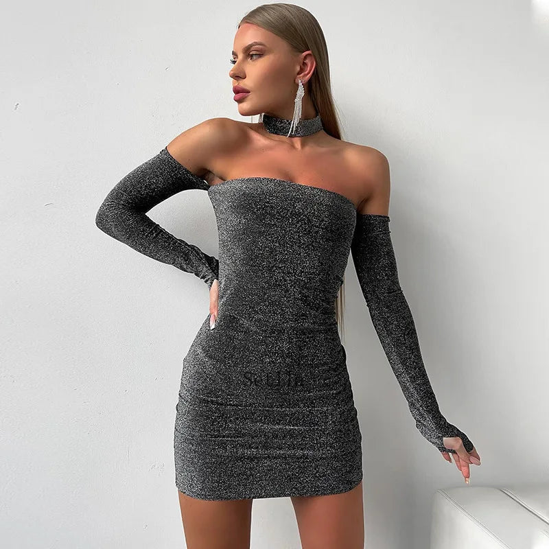 Fashion Glitter Off Shoulder Mini Dress Bodycon mini dresses