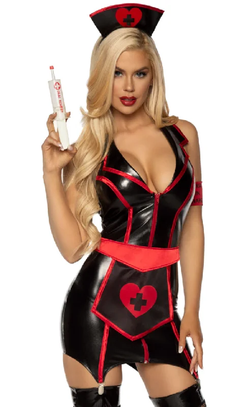 Night Nurse <br><span>Black Red Faux Leather Sleeveless Plunge Zip Front Garter Bodycon Mini Dress 4 Piece Halloween Costume</span> Hot new arrivals in mini dresses