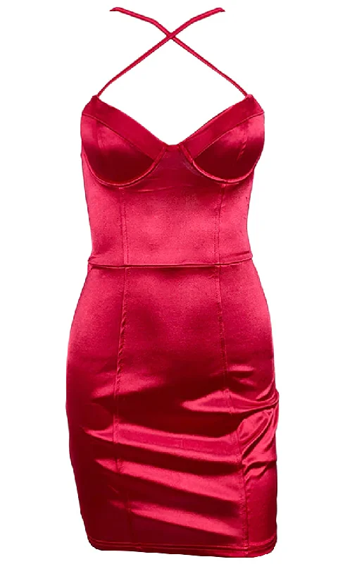 See Me Strut Red Sleeveless Crisscross Spaghetti Strap V Neck Bustier Bodycon Mini Dress Designer mini dresses