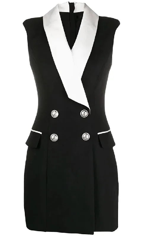 Wear Your Tux Black White Contrast Lapel Button V Neck Double Breasted Tuxedo Sleeveless Mini Dress Preppy mini dresses