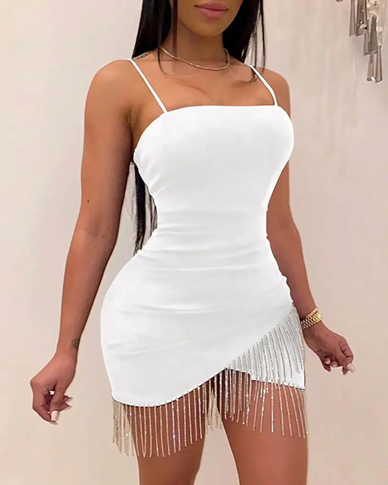 Woman Party Night Birthday Tassel Split Sleeveless Bodycon Mini Dress Chic mini dresses