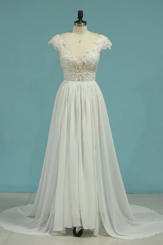 2024 Beach Wedding Dresses A-Line V-Neck Chiffon Full Beaded Top Ruffle Wedding Gown