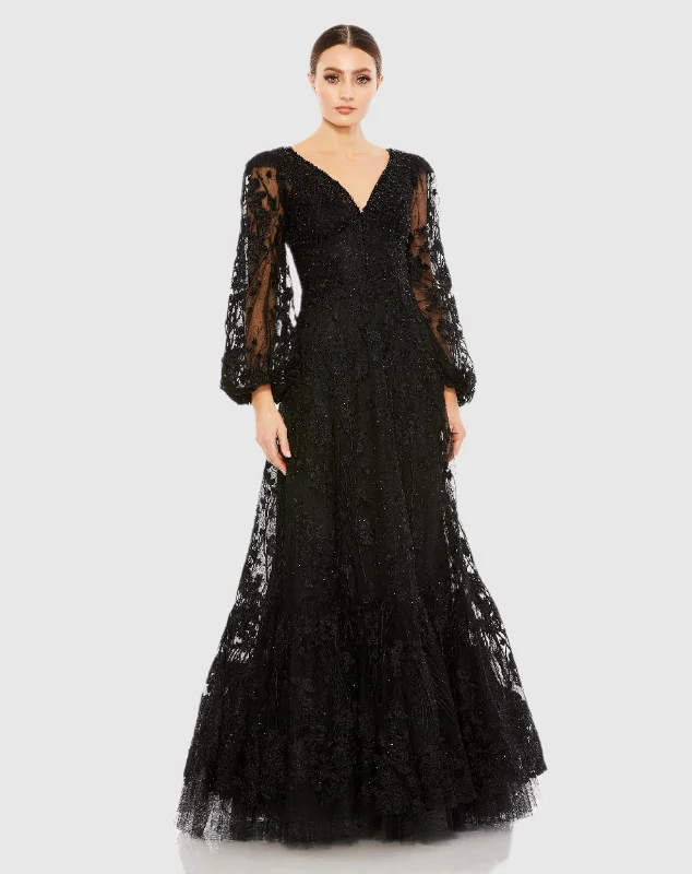 Puff Sleeve A-Line Embroidered Gown Modern Lace Gown