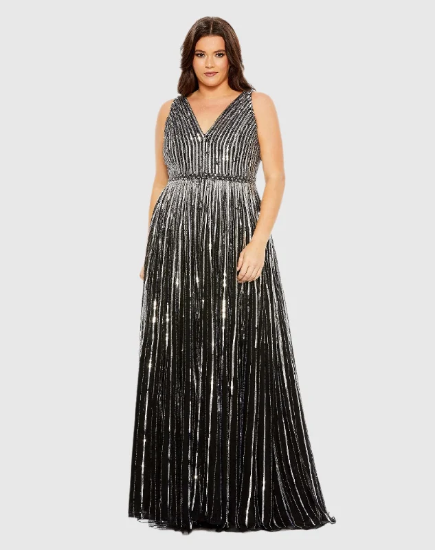 Sequined Striped Sleeveless V Neck A Line Gown (Plus) Beautiful Bridal Gown