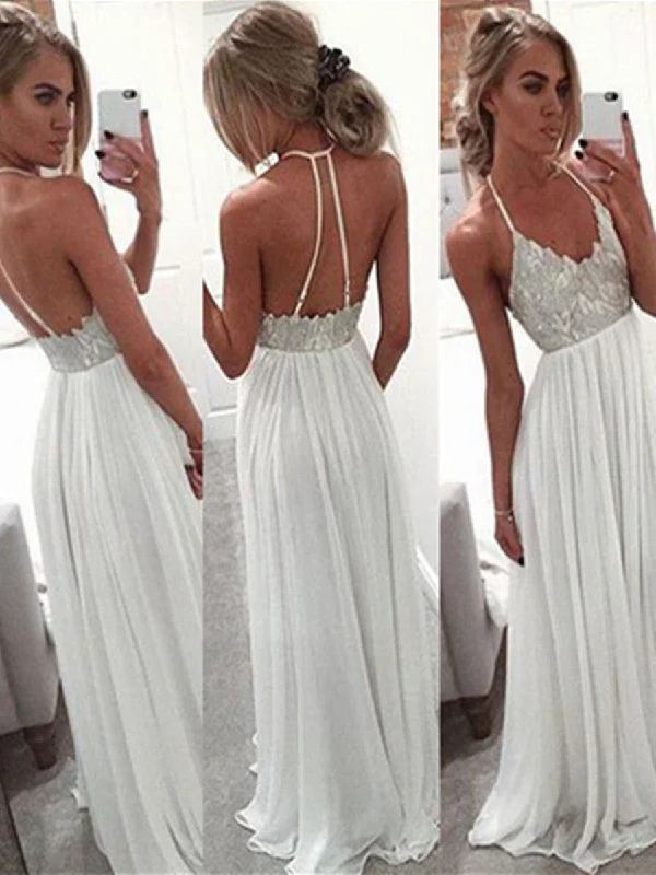 A Line Halter Neck White Backless Floor Length Chiffon Prom Dress, White Backless Formal Dress Beaded Wedding Gown