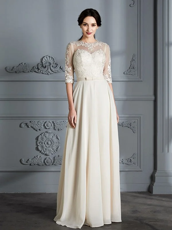 A-Line/Princess Scoop 1/2 Sleeves Floor-Length Chiffon Wedding Dresses Illusion Lace Gown