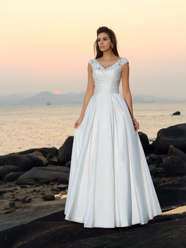 A-Line/Princess V-neck Beading Sleeveless Long Taffeta Beach Wedding Dresses TPP0006380 Glitter Wedding Dress