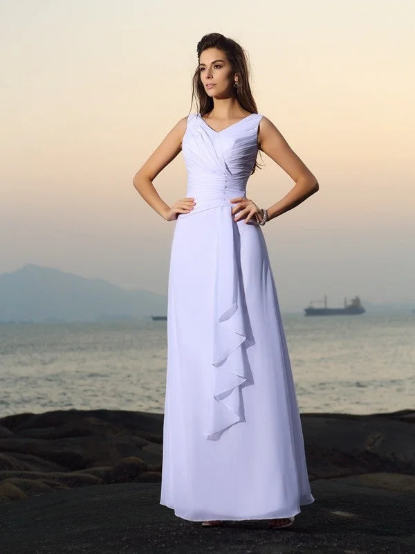 A-Line/Princess V-neck Pleats Sleeveless Long Chiffon Beach Wedding Dresses TPP0006534 Vintage Style Dress