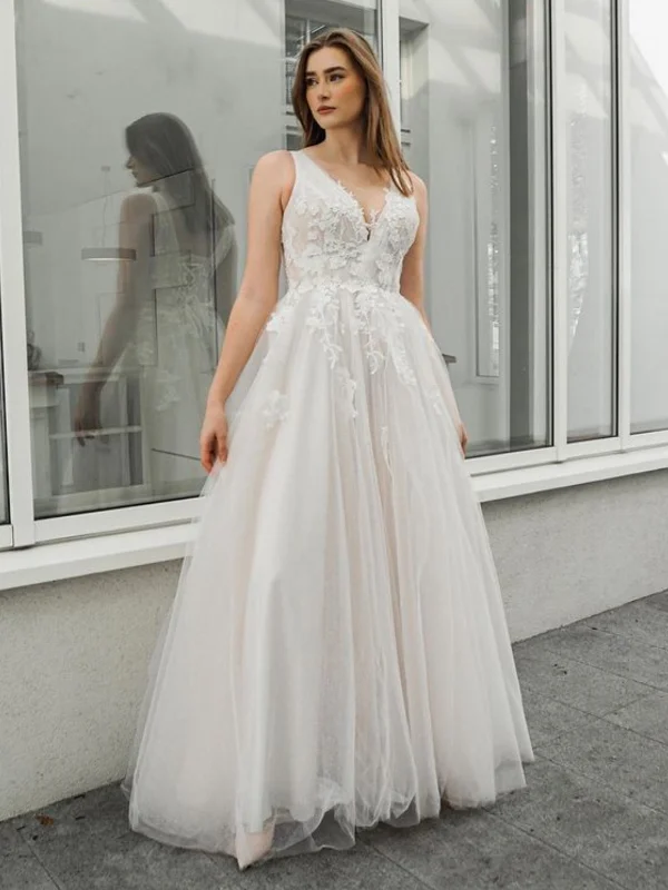 A Line V Neck White Lace Long Prom Dresses, White Lace Wedding Dresses, White Formal Evening Dresses SP2530 Sexy Lace Gown