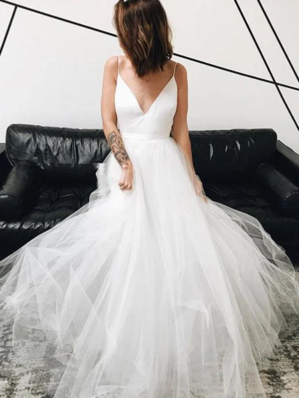 A Line V Neck White Tulle Long Prom Dresses, V Neck White Wedding Dresses, White Formal Dresses, Evening Dresses Princess Wedding Dress