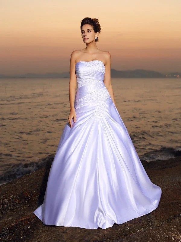 Ball Gown Strapless Beading Sleeveless Long Satin Beach Wedding Dresses TPP0006392 Lace Boho Dress