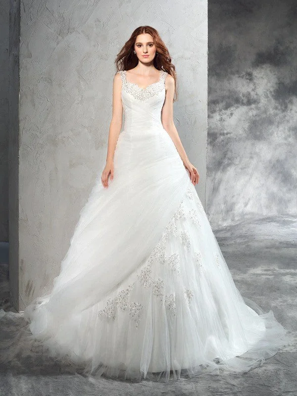 Ball Gown Straps Applique Sleeveless Long Net Wedding Dresses Elegant Bridal Gown