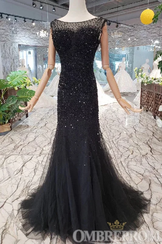 Stunning Black Sleeveless Mermaid Wedding Dress with Beading Floral Bridal Gown